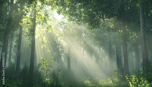 Tall, misty trees with sunlight streaming through the branches, creating a magical and mysterious forest atmosphere