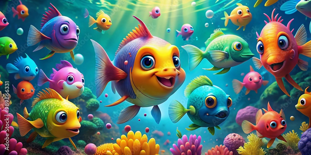 Colorful Animated Fish Characters Swimming in a Playful Underwater Scene for Kids and Education Use Colorful Animated Fish Characters Swimming in a Playful Underwater Scene for Kids and Education Use