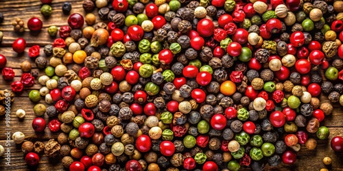 Colorful Assortment of Peppercorns on Wooden Background - Spices for Cooking and Culinary Use