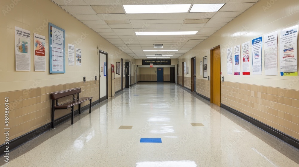 A clean, well-lit hospital corridor with benches and informational posters. A clean, well-lit hospital corridor with benches and informational posters.