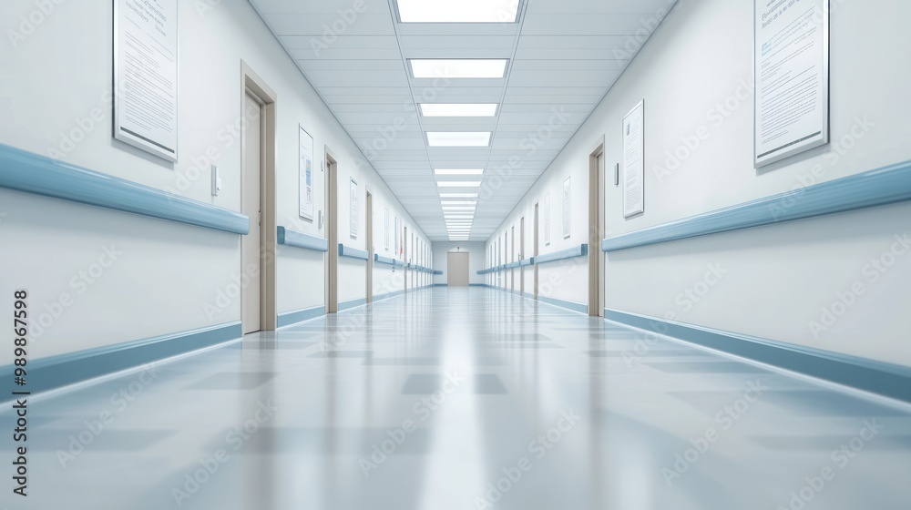 A clean, well-lit hospital corridor with doors on either side.