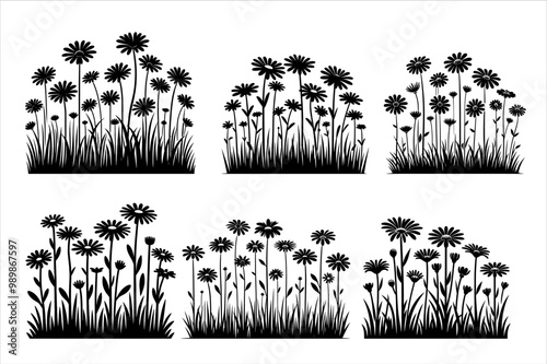 Vector Silhouettes of Wild Flowers set. Wildflower Silhouette vector Bundle Clipart.