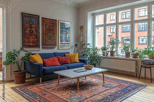 Cozy living room with plants and colorful decor.