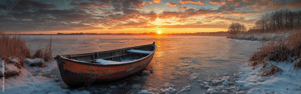 First Rays of Sunlight on a Frozen Snow-Covered Lake First Rays of Sunlight on a Frozen Snow-Covered Lake