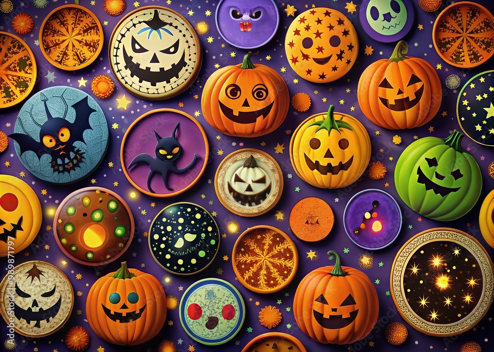 Obraz premium Colorful Halloween Circles with Spooky Designs and Patterns for Festive Celebrations and Decor
