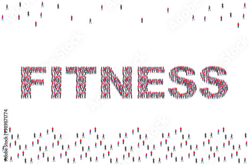 Group of people with fitness text isolated on white background.