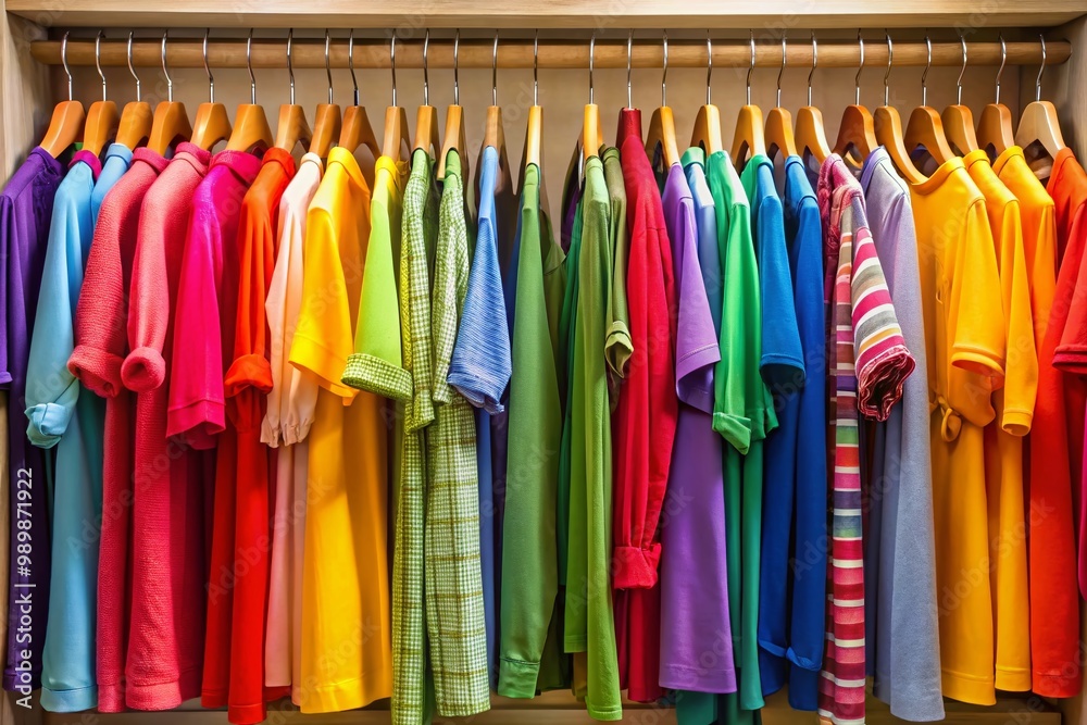 Colorful Hangers Displaying Various Clothes in a Bright and Organized Wardrobe Setting Colorful Hangers Displaying Various Clothes in a Bright and Organized Wardrobe Setting