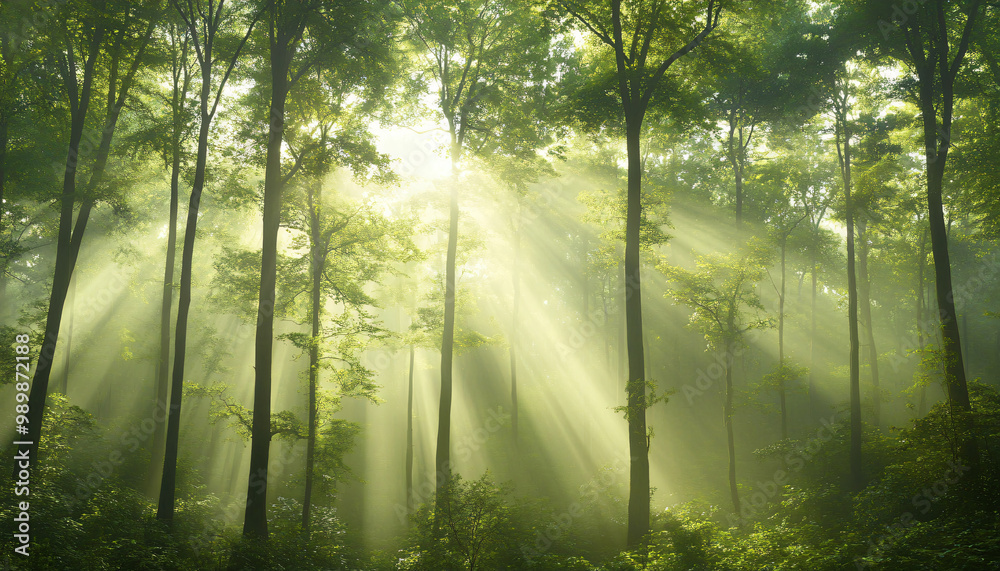 Obraz premium Tall, misty trees with sunlight streaming through the branches, creating a magical and mysterious forest atmosphere