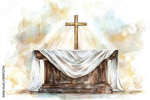 A serene watercolor depiction of a wooden altar with a cross, symbolizing faith and spirituality in a peaceful atmosphere.