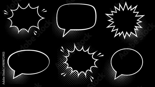  empty comic speech bubbles set with black halftone shadows ,chatting boxes pop up, message box cartoon animated icons. Balloon doodle style of thinking sign symbol
