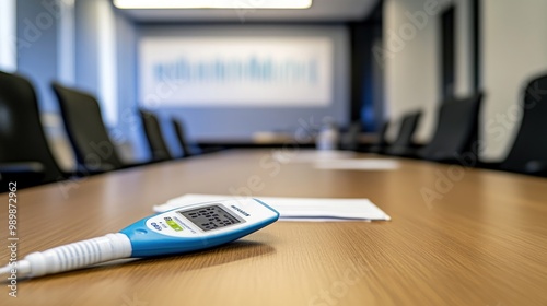 A close-up of a measurement device on a conference table in a modern office setting.