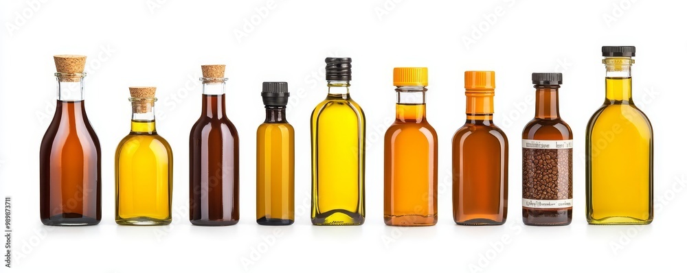 Collection of various glass bottles filled with different oils, showcasing unique shapes and colors for culinary or decorative use. Collection of various glass bottles filled with different oils, showcasing unique shapes and colors for culinary or decorative use.