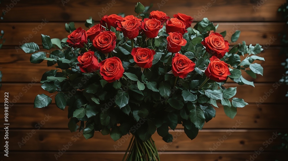 A Lush Bouquet of Crimson Roses Against a Rustic Wooden Background A Lush Bouquet of Crimson Roses Against a Rustic Wooden Background