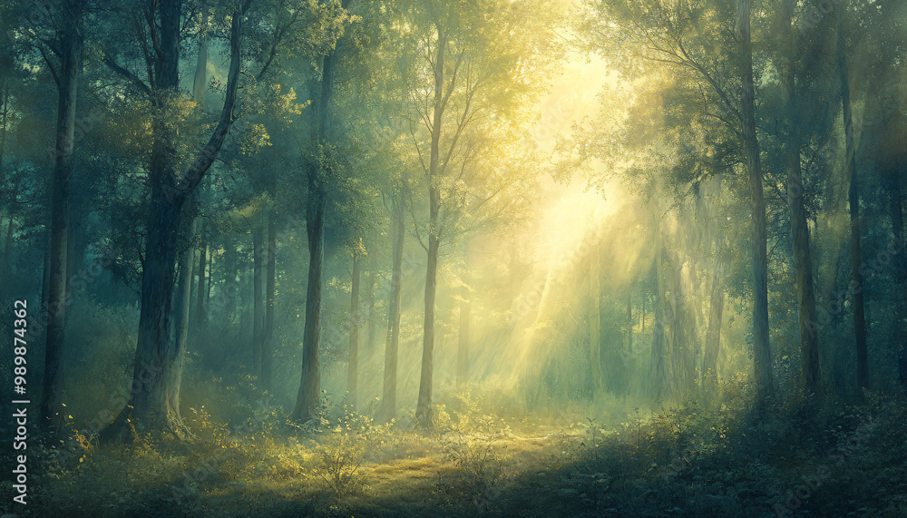 Obraz premium Tall, misty trees with sunlight streaming through the branches, creating a magical and mysterious forest atmosphere