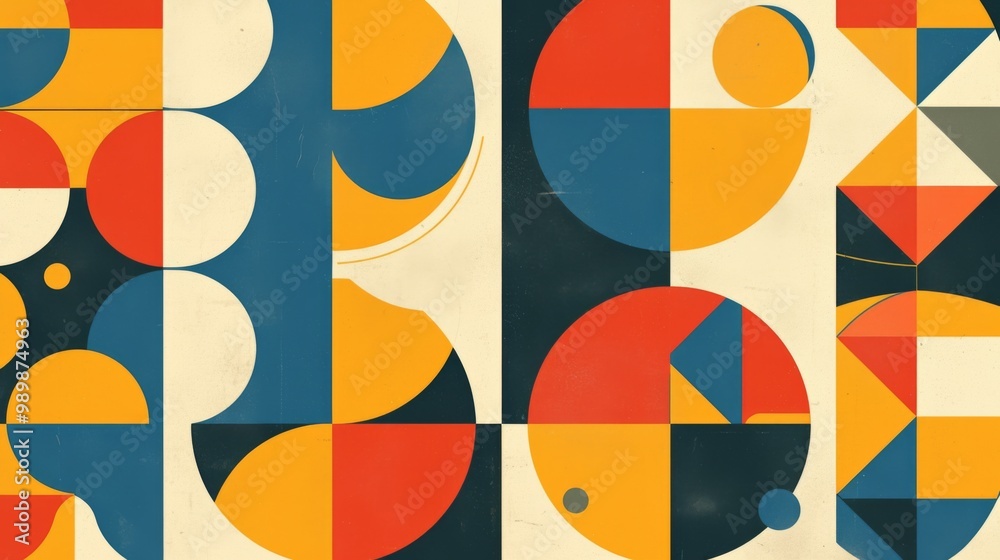 Retro geometric pattern background featuring abstract circles, triangles, and squares in yellow, blue, red, and green colors Retro geometric pattern background featuring abstract circles, triangles, and squares in yellow, blue, red, and green colors