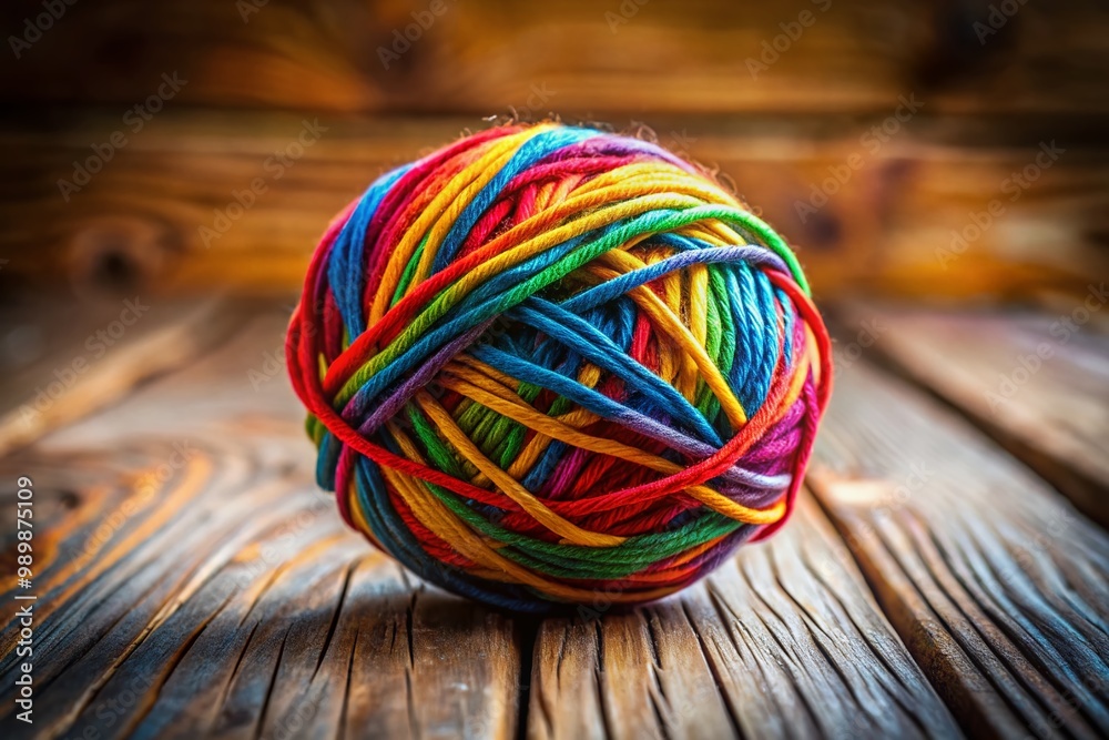 Colorful Tangled Ball of Yarn on a Wooden Table with Soft Natural Lighting in the Background Colorful Tangled Ball of Yarn on a Wooden Table with Soft Natural Lighting in the Background