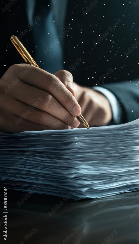 A government official reviewing a stack of grant applications on a desk
