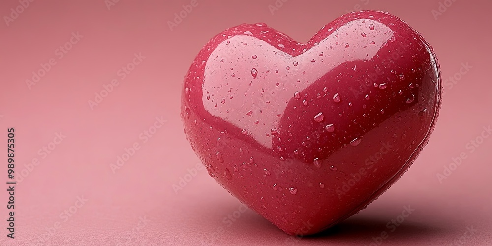 Obraz premium A glistening heart shape, adorned with droplets of water, rests upon a soft pink surface.