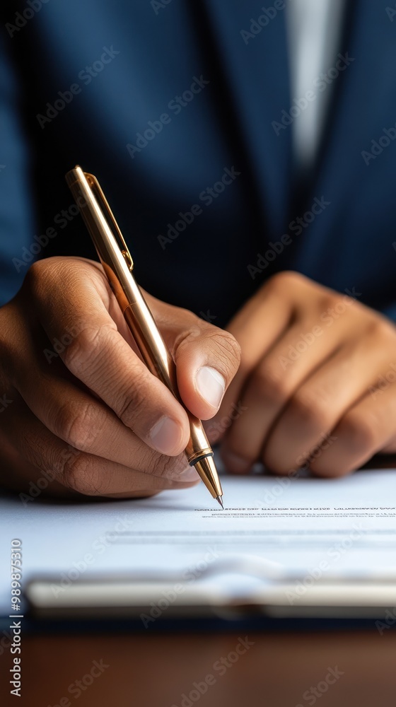 A business owner signing an acquisition agreement in a formal office setting
