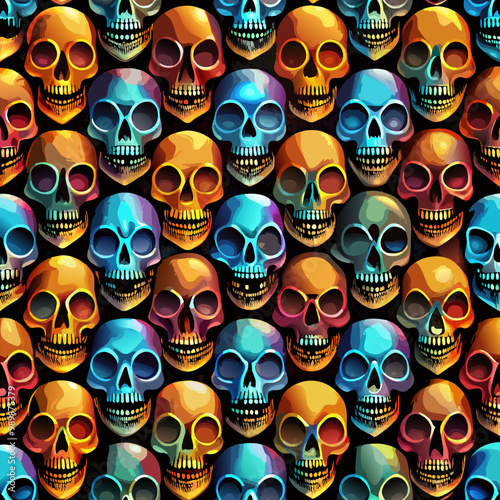 Seamless pattern bright multicolored drawn skulls vector image, horror style
