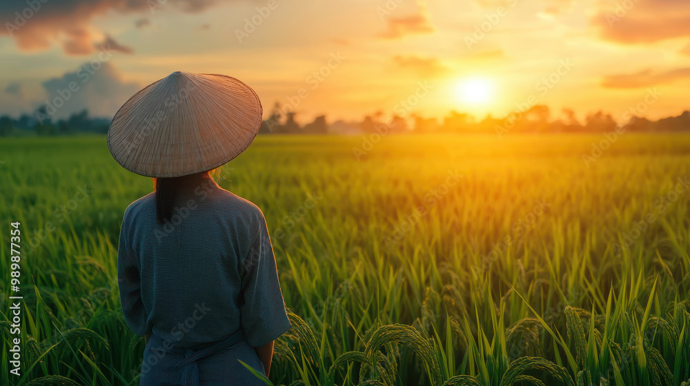 Fototapeta premium Asian farmer in traditional attire stands in lush rice field, gazing at vibrant sunset. warm colors of sky reflect beauty of nature and hard work of farming