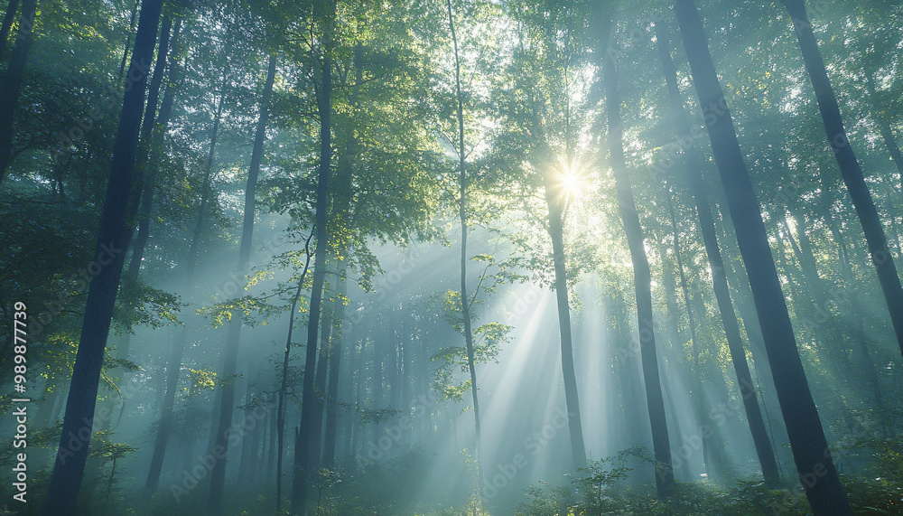 Obraz premium Tall, misty trees with sunlight streaming through the branches, creating a magical and mysterious forest atmosphere