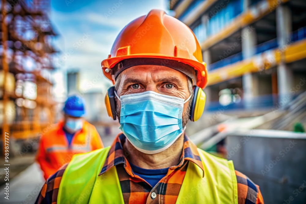 Construction Worker Wearing Protective Mask on Job Site During Safety Protocols and Procedures Construction Worker Wearing Protective Mask on Job Site During Safety Protocols and Procedures