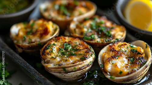 Grilled clams served with a garlic and parsley butter sauce, grilled clams photo