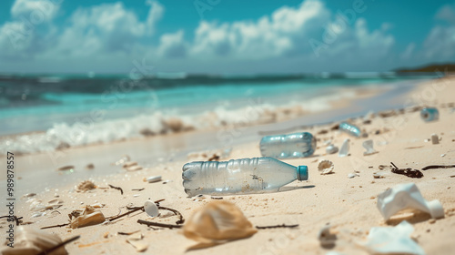 Plastic Pollution on a Pristine Beach Shoreline Under a Bright Blue Sky