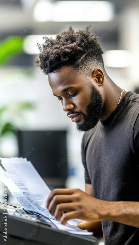 A business owner standing at a photocopier, making copies of loan documents, looking focused A business owner standing at a photocopier, making copies of loan documents, looking focused