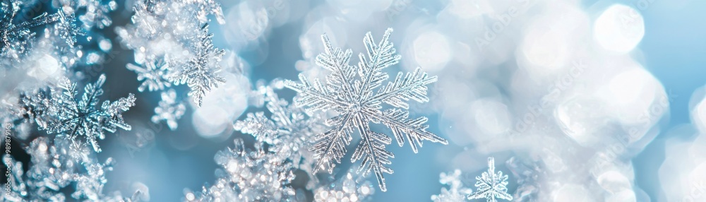 Beautiful snowflakes captured in shimmering detail against a soft blue background, evoking the chill of winter and magic of nature. Beautiful snowflakes captured in shimmering detail against a soft blue background, evoking the chill of winter and magic of nature.