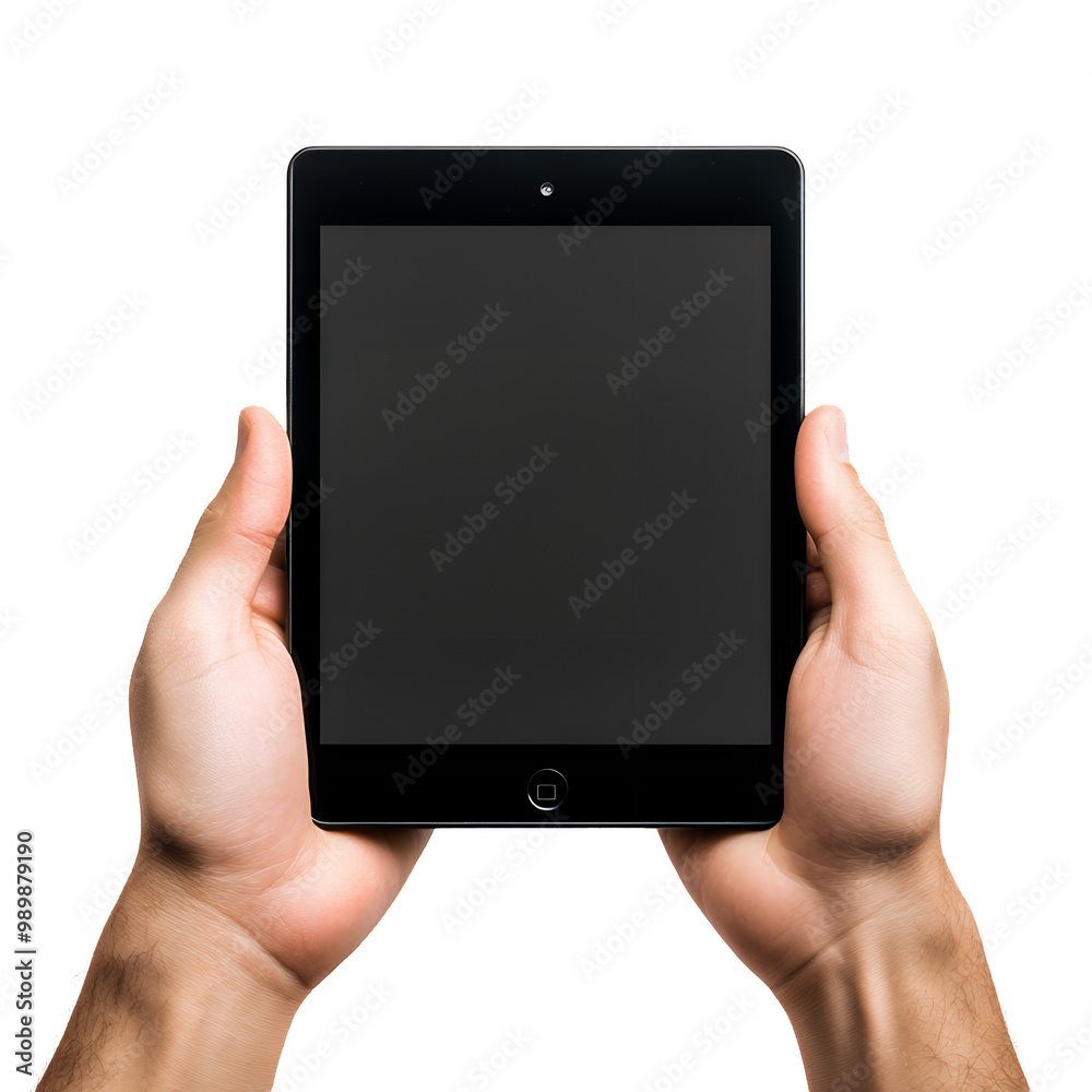 Hands Holding Black Tablet with Blank Screen Isolated on Transparent Background