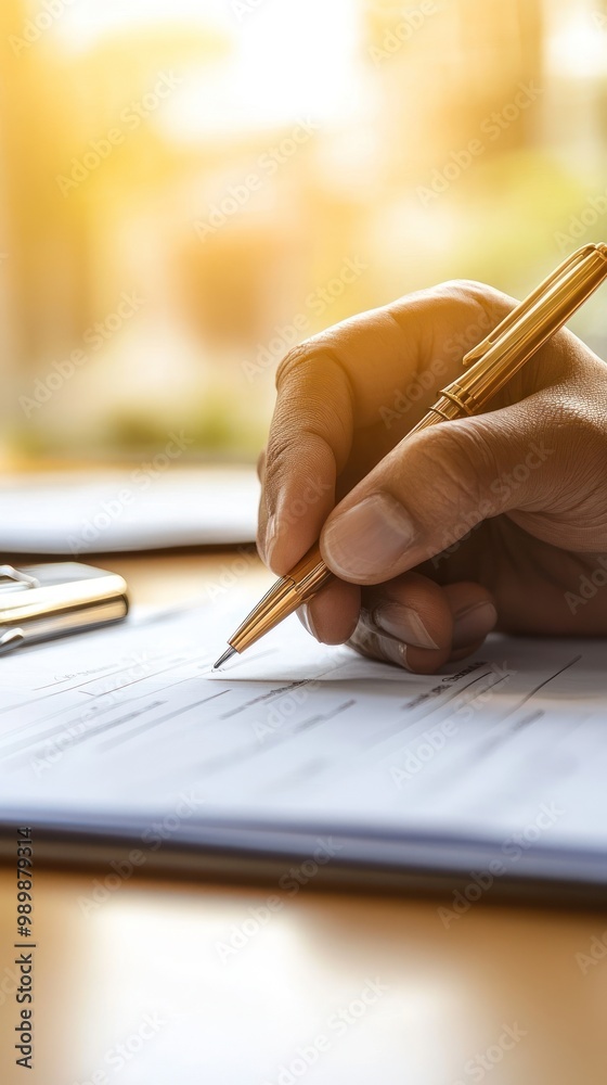 A small business owner in a professional outfit filling out a loan application form at a desk, surrounded by financial documents