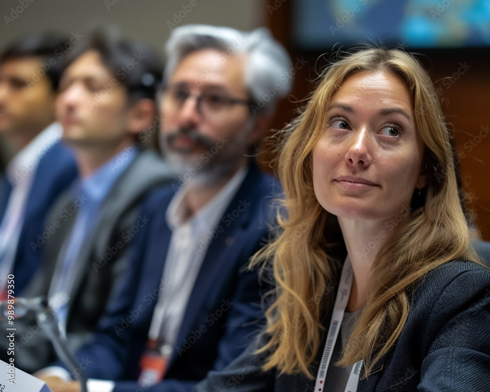 image captures group of professionals engaged in conference, showcasing woman with long hair looking thoughtfully while others are focused on discussion. atmosphere reflects collaboration image captures group of professionals engaged in conference, showcasing woman with long hair looking thoughtfully while others are focused on discussion. atmosphere reflects collaboration
