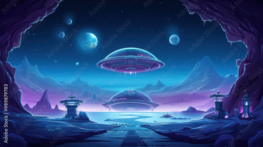 Futuristic Spaceship Landing on an Alien Planet with Mountains and a Body of Water Futuristic Spaceship Landing on an Alien Planet with Mountains and a Body of Water