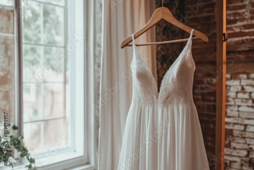 Elegant white wedding dress hanging on a rack, awaiting selection by a bride-to-be in a charming bridal boutique