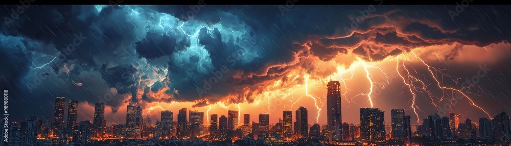 Obraz premium Dramatic storm over a city skyline, showcasing vibrant lightning and ominous clouds, creating an intense atmospheric scene.