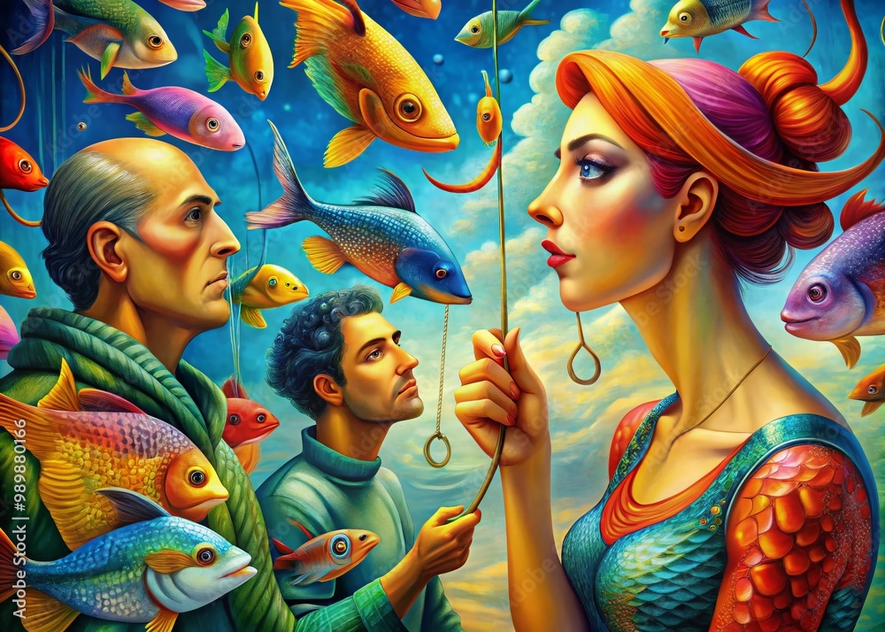 Fototapeta premium Creative Concept of Human Figures Interacting with Fish Hooks in a Surreal Artistic Representation