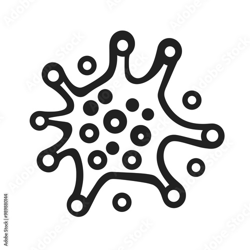 This black line icon illustrates a virus cell composed of a central area with dots and protruding lines, suitable for educational and health-related materials