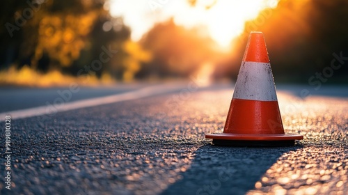 A single orange traffic cone sits in the middle of an asphalt road at sunset. photo