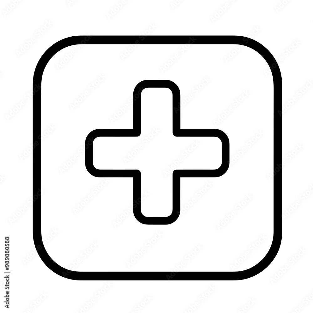 This icon features a minimalist black outline of a plus sign enclosed in a rounded square, typically representing addition or enhancement in applications, First Aid This icon features a minimalist black outline of a plus sign enclosed in a rounded square, typically representing addition or enhancement in applications, First Aid