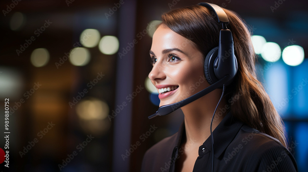 cheerful customer service representative wearing a headset, focused and ready to assist clients, representing professionalism and communication support in a modern business environment. cheerful customer service representative wearing a headset, focused and ready to assist clients, representing professionalism and communication support in a modern business environment.