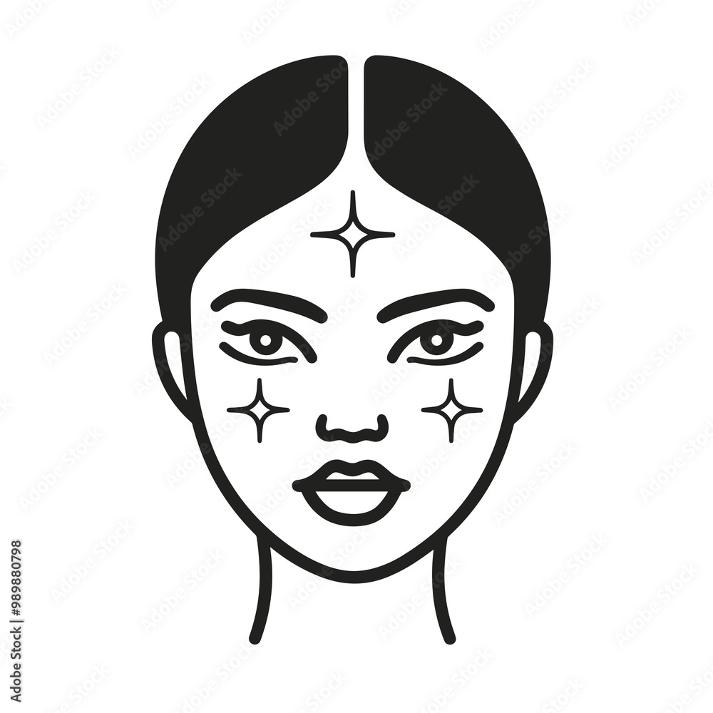 This design features a minimalist black line icon depicting a woman’s face adorned with star-like embellishments, capturing a theme of beauty and skincare