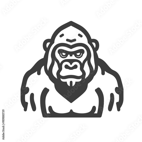 This vector illustration presents a minimalist design of a gorilla in black line art, emphasizing its muscular build and intense expression for graphic use