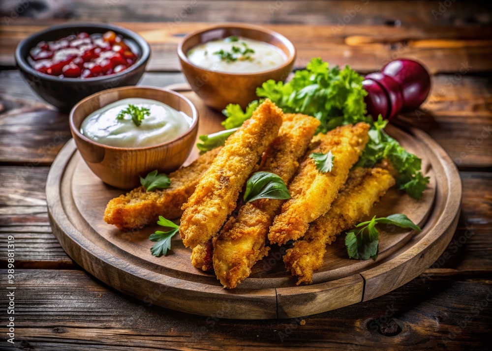 Crispy Catfish Goujons Served with Dipping Sauce on a Rustic Wooden Table for Gourmet Dining Crispy Catfish Goujons Served with Dipping Sauce on a Rustic Wooden Table for Gourmet Dining