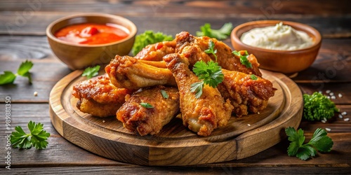 Crispy and Delicious Chicken Wings Served with Sauces on a Wooden Board for Perfect Snack Time