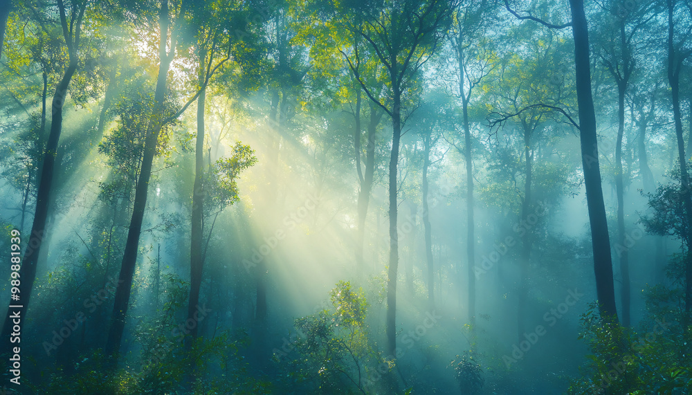 Obraz premium Tall, misty trees with sunlight streaming through the branches, creating a magical and mysterious forest atmosphere