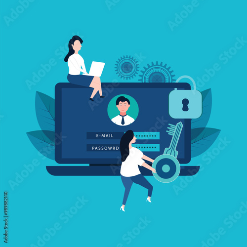 Tiny people with account under lock on laptop screen. Woman with key helping unblock profile flat vector