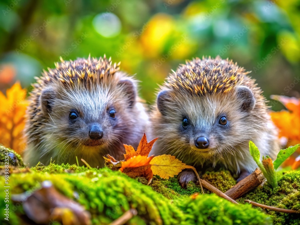 Fototapeta premium Cute Hedgehogs in Natural Habitat: Spiky Creatures Exploring Their Environment in Nature's Beauty