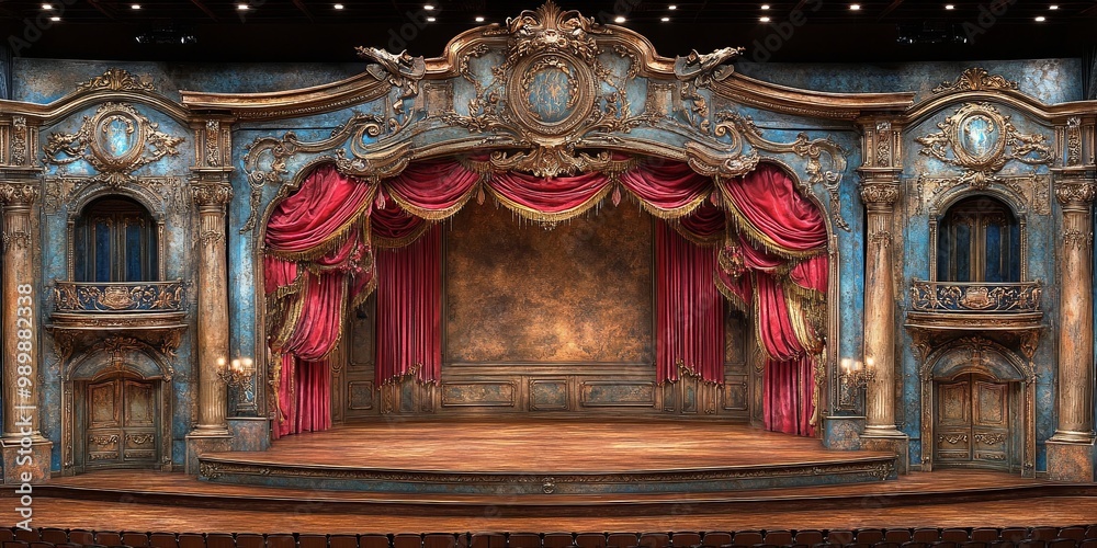 Obraz premium A Theatrical Stage Adorned with Ornate Architecture and Elegant Red Curtains
